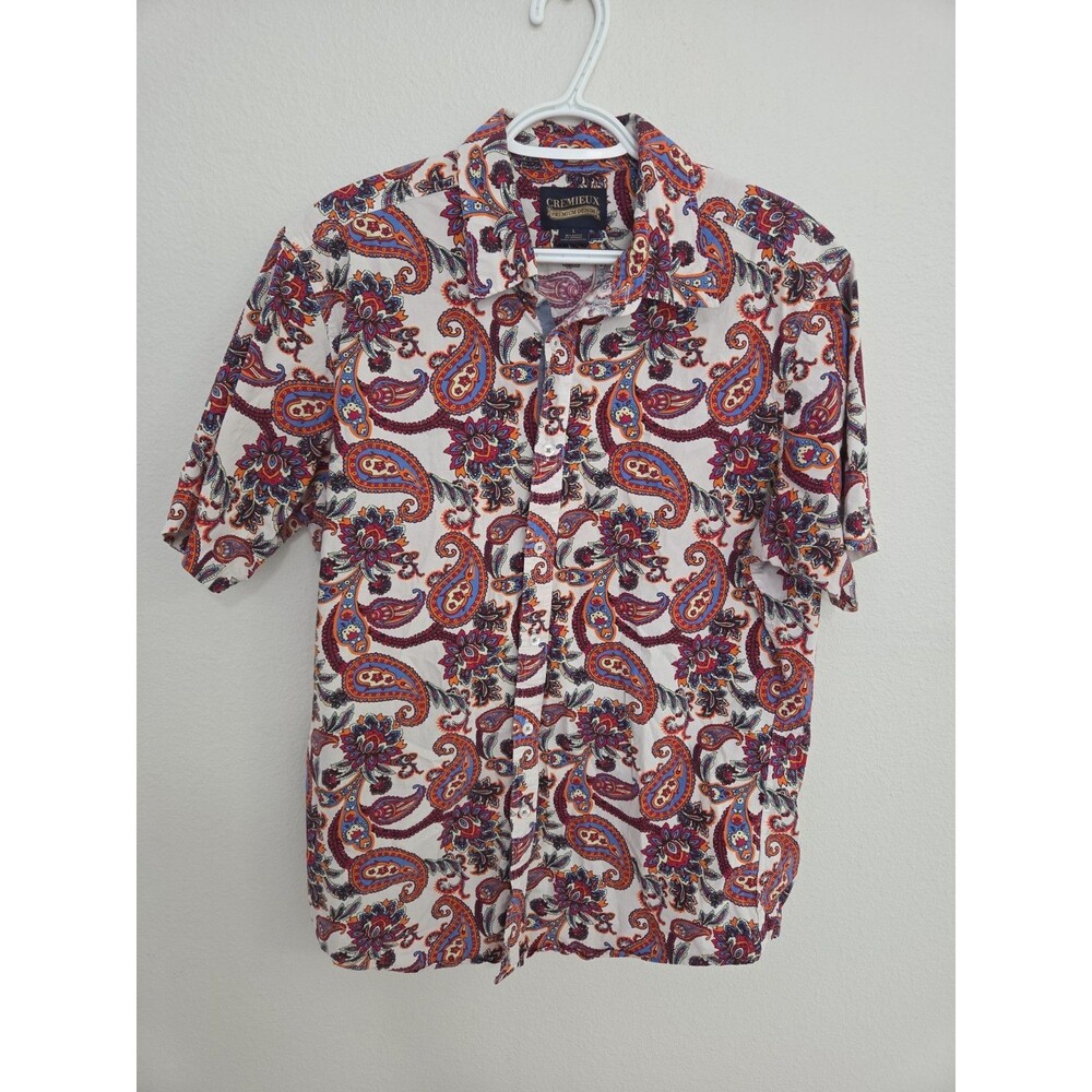 CREMIEUX PREMIUM Denim Mens Shirt Size L Paisley Ref White Short Sleeve Cotton